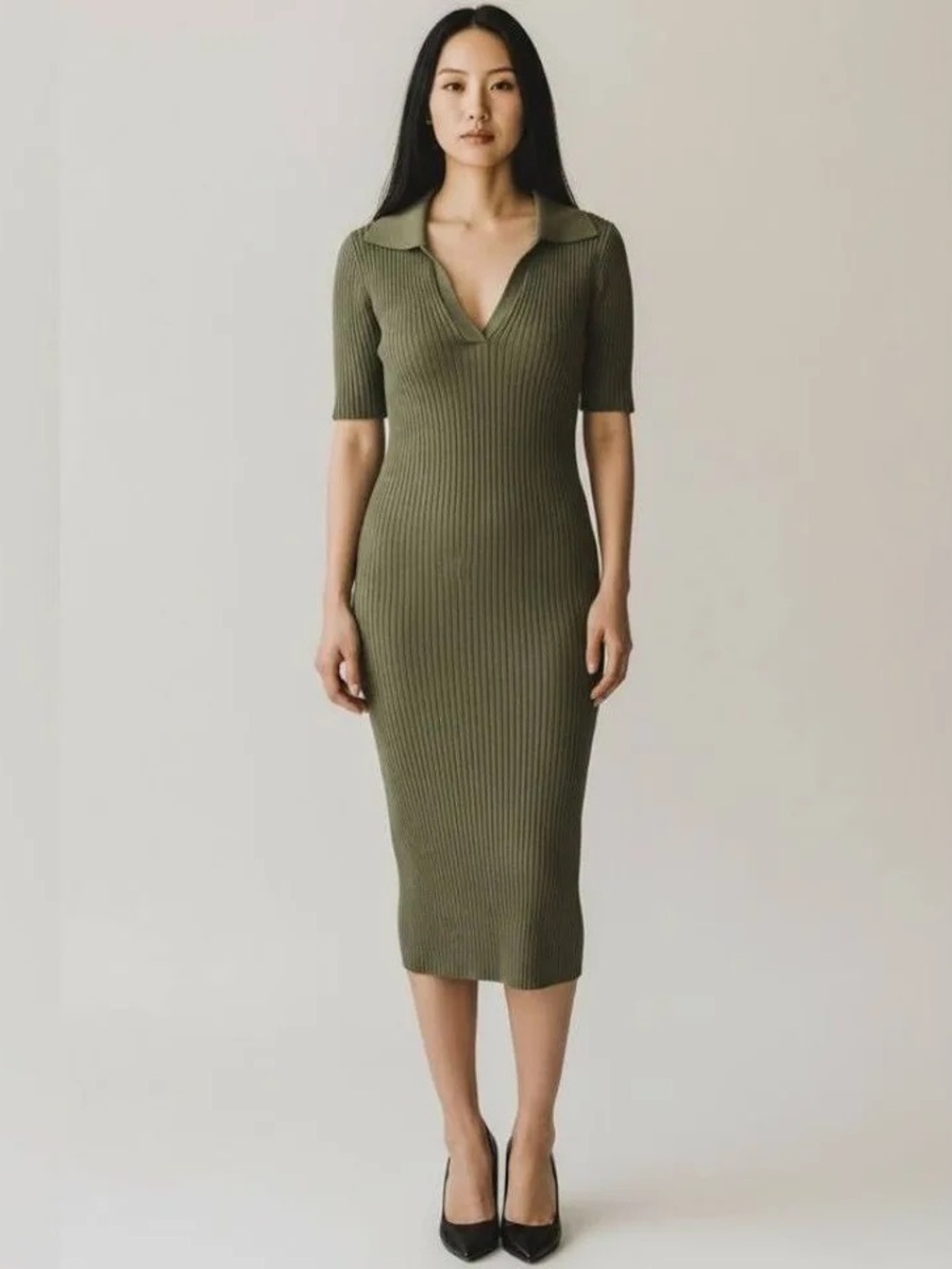 Zara Olive Green Ribbed Polo Maxi Dress NWOT
